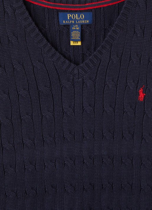 Ralph Lauren Kabelgebreide spencer met logoborduring - detail donkerblauw