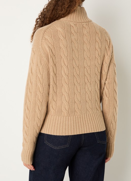 Ralph Lauren Kabelgebreide trui in kasjmierblend met halve rits en logoborduring - achterkant 4 camel