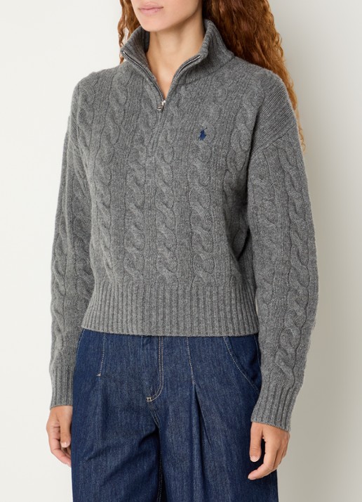 Ralph Lauren Kabelgebreide trui in kasjmierblend met halve rits - detail 3 middengrijs