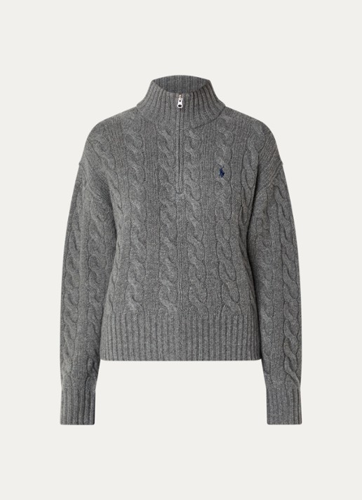 Ralph Lauren Kabelgebreide trui in kasjmierblend met halve rits - voorkant middengrijs