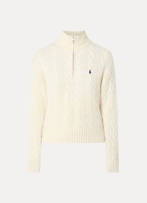 Ralph Lauren Kabelgebreide trui in kasjmierblend met halve rits - voorkant 3 gebroken wit