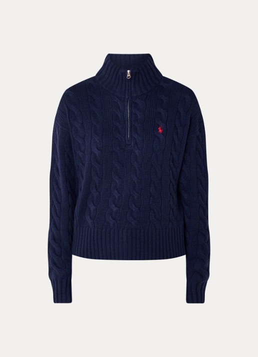 Ralph Lauren Kabelgebreide trui in kasjmierblend met halve rits  - voorkant donkerblauw