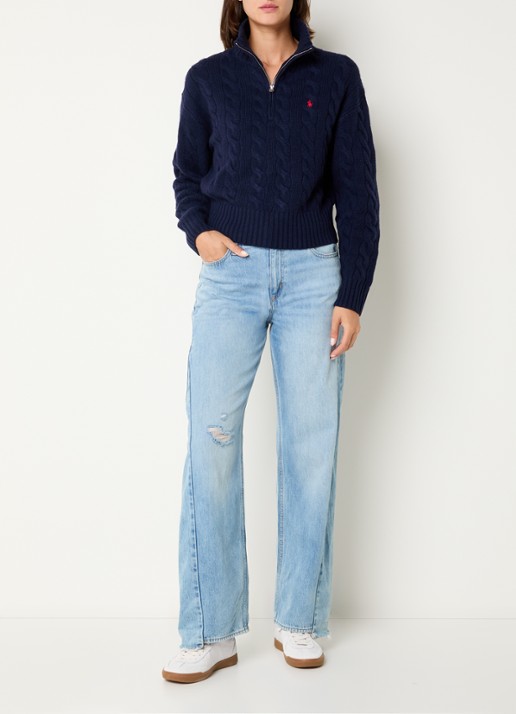 Ralph Lauren Kabelgebreide trui in kasjmierblend met halve rits  - voorkant 2 donkerblauw