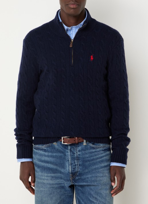 Ralph Lauren Kabelgebreide trui in kasjmierblend met halve rits - detail donkerblauw