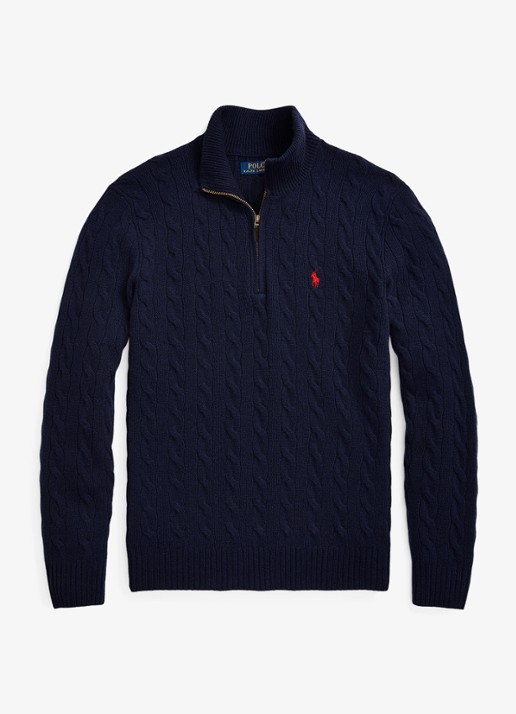 Ralph Lauren Kabelgebreide trui in kasjmierblend met halve rits - voorkant 8 donkerblauw
