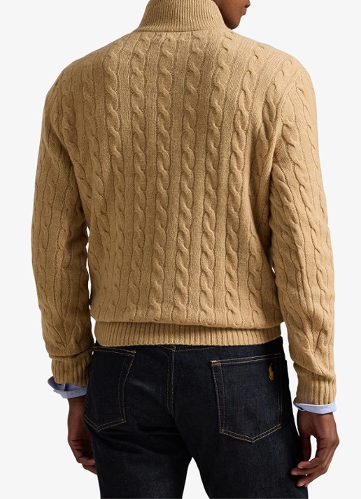 Ralph Lauren Kabelgebreide trui in kasjmierblend met halve rits - achterkant 8 camel
