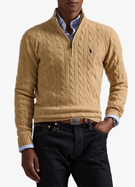 Ralph Lauren Kabelgebreide trui in kasjmierblend met halve rits - detail 4 camel