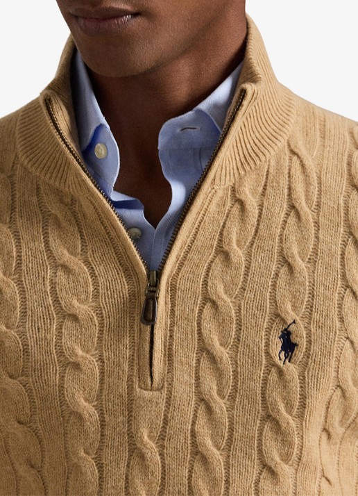 Ralph Lauren Kabelgebreide trui in kasjmierblend met halve rits - detail 5 camel