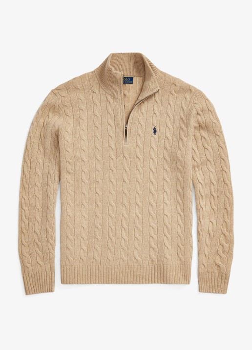Ralph Lauren Kabelgebreide trui in kasjmierblend met halve rits - voorkant camel