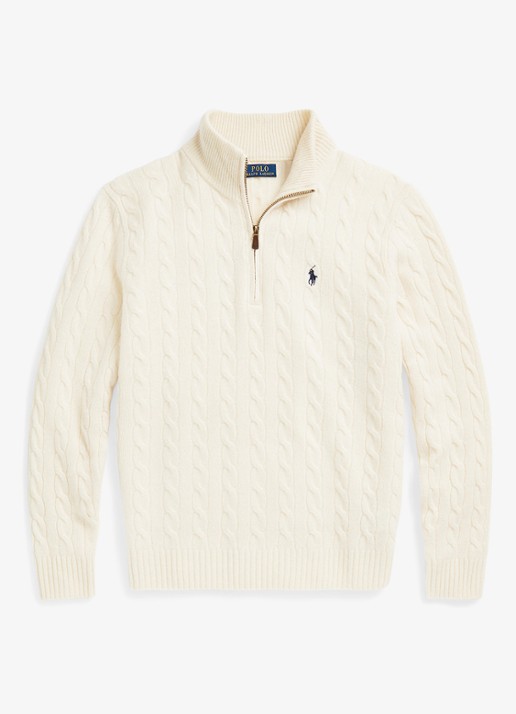 Ralph Lauren Kabelgebreide trui in kasjmierblend met halve rits - voorkant andover cream / creme