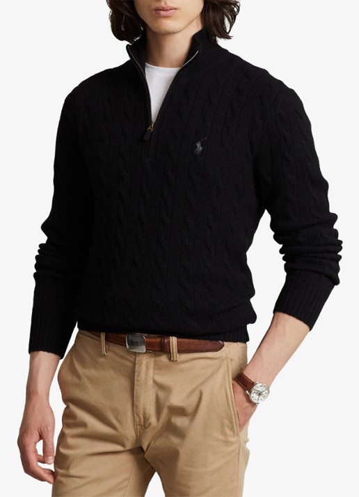 Ralph Lauren Kabelgebreide trui in kasjmierblend met halve rits - voorkant 2 polo black / zwart