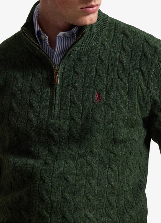 Ralph Lauren Kabelgebreide trui in kasjmierblend met halve rits - detail 2 lodgepole pine heather / donkergroen