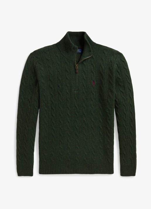 Ralph Lauren Kabelgebreide trui in kasjmierblend met halve rits - voorkant 3 lodgepole pine heather / donkergroen