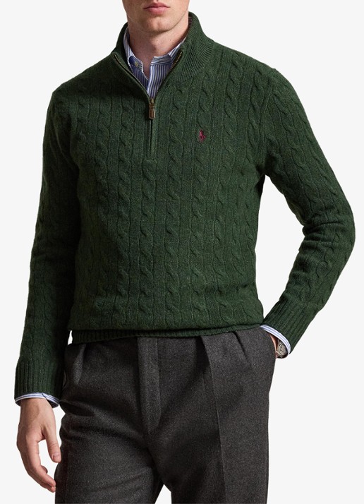 Ralph Lauren Kabelgebreide trui in kasjmierblend met halve rits - voorkant 4 lodgepole pine heather / donkergroen