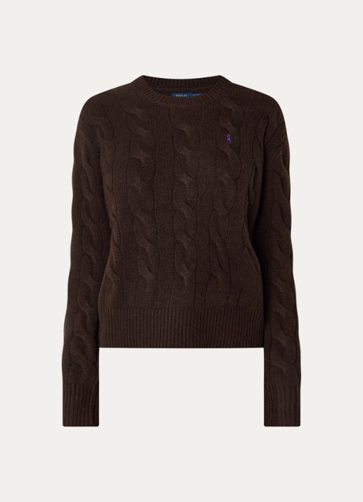 Ralph Lauren Kabelgebreide trui in kasjmierblend met logoborduring - voorkant 2 donkerbruin