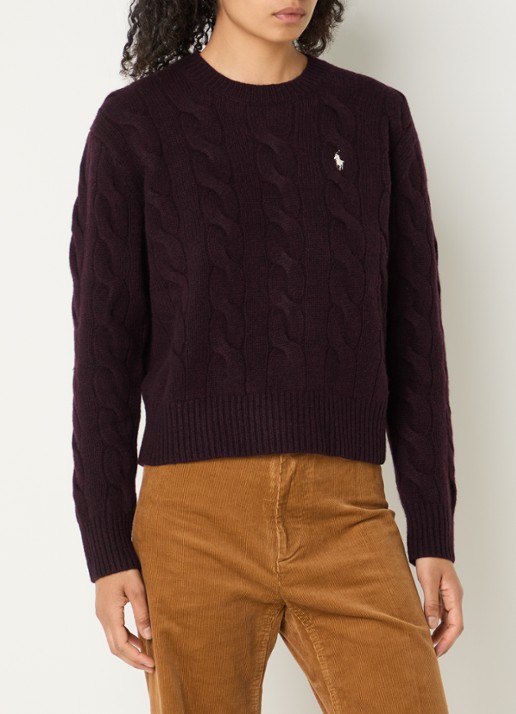 Ralph Lauren Kabelgebreide trui in kasjmierblend met logoborduring - detail aubergine