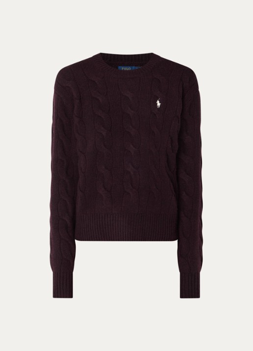 Ralph Lauren Kabelgebreide trui in kasjmierblend met logoborduring - voorkant 3 aubergine