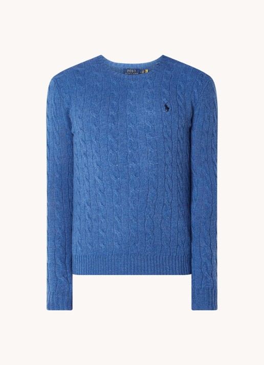 Ralph Lauren Kabelgebreide trui in kasjmierblend met logoborduring - voorkant twilight blue heather / lichtblauw