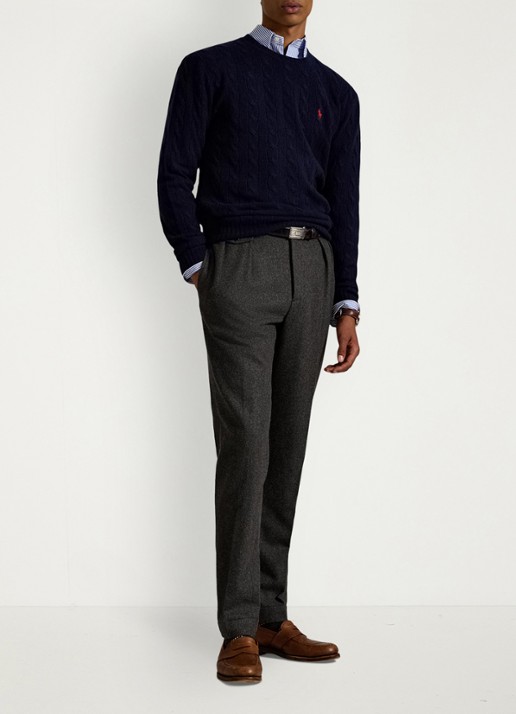 Ralph Lauren Kabelgebreide trui in kasjmierblend met logoborduring - voorkant 5 hunter navy / blauw