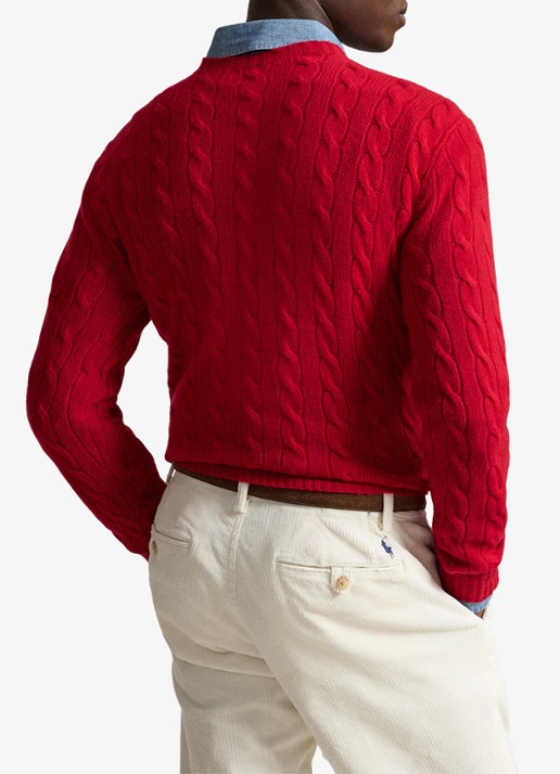 Ralph Lauren Kabelgebreide trui in kasjmierblend met logoborduring - achterkant 3 park ave red / rood