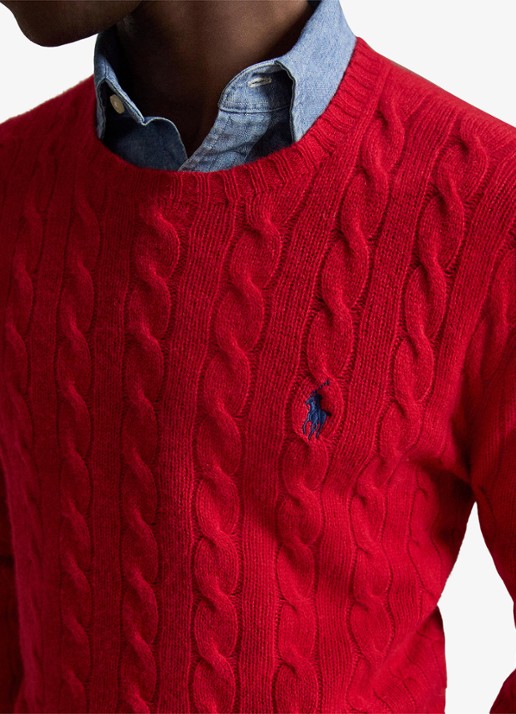 Ralph Lauren Kabelgebreide trui in kasjmierblend met logoborduring - detail 5 park ave red / rood