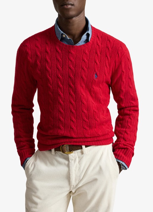 Ralph Lauren Kabelgebreide trui in kasjmierblend met logoborduring - voorkant 2 park ave red / rood