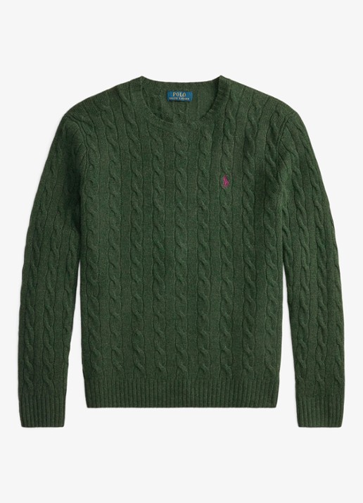 Ralph Lauren Kabelgebreide trui in kasjmierblend met logoborduring - voorkant lodgepole pine heather / groen