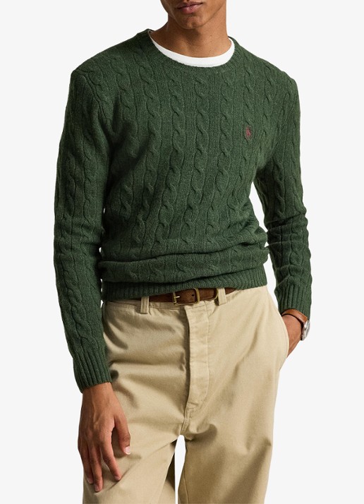 Ralph Lauren Kabelgebreide trui in kasjmierblend met logoborduring - voorkant 2 lodgepole pine heather / groen