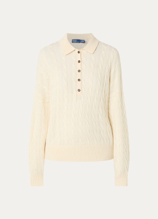 Ralph Lauren Kabelgebreide trui in kasjmierblend met polokraag en logoborduring - voorkant gebroken wit