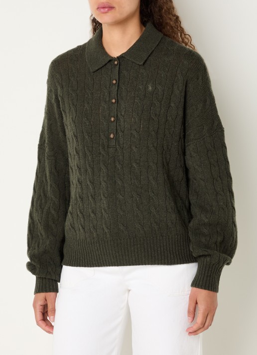 Ralph Lauren Kabelgebreide trui in kasjmierblend met polokraag en logoborduring