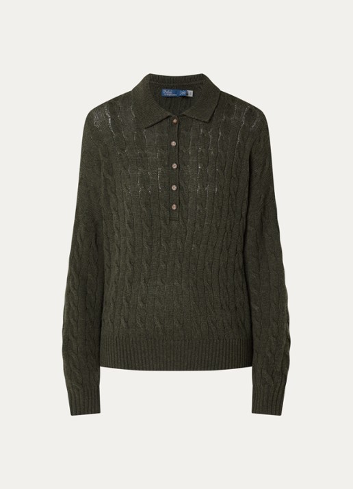 Ralph Lauren Kabelgebreide trui in kasjmierblend met polokraag en logoborduring - voorkant bronsgroen