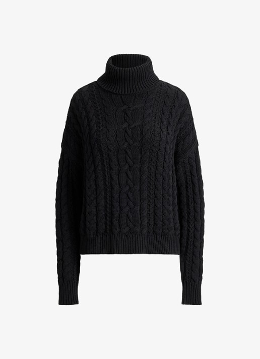 Ralph Lauren Kabelgebreide trui met col - voorkant 4 zwart