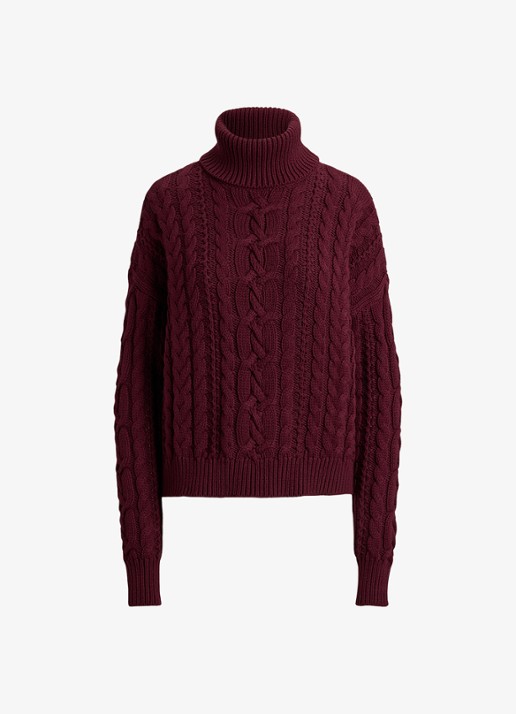 Ralph Lauren Kabelgebreide trui met col - voorkant 4 dark garnet / bordeauxrood