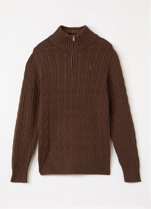 Ralph Lauren Kabelgebreide trui met halve rits - voorkant 2 lichtbruin