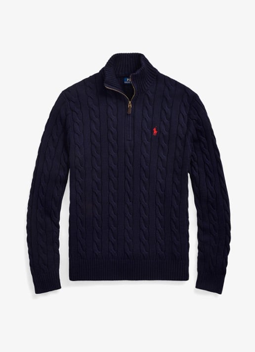 Ralph Lauren Kabelgebreide trui met halve rits - voorkant 7 donkerblauw