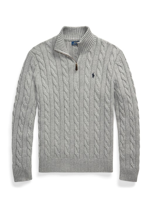 Ralph Lauren Kabelgebreide trui met halve rits - voorkant 2 fawn grey heather / grijs