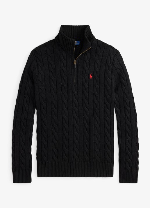 Ralph Lauren Kabelgebreide trui met halve rits - voorkant 4 polo black / zwart