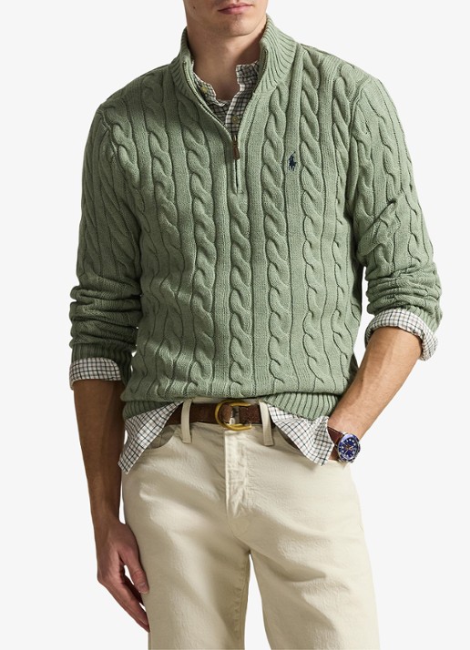 Ralph Lauren Kabelgebreide trui met halve rits - detail 3 fern green heather / groen