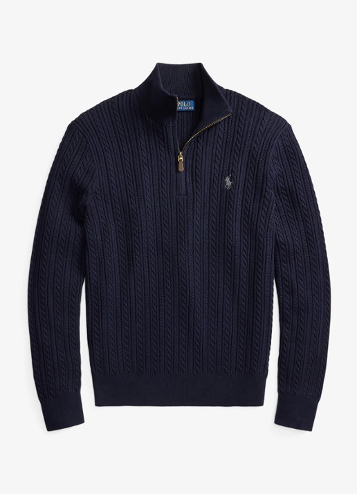 Ralph Lauren Kabelgebreide trui met halve rits - voorkant donkerblauw