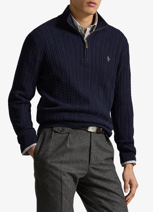 Ralph Lauren Kabelgebreide trui met halve rits - voorkant 2 donkerblauw