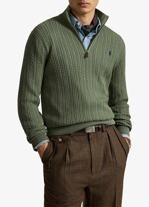 Ralph Lauren Kabelgebreide trui met halve rits - voorkant 5 cargo green / legergroen
