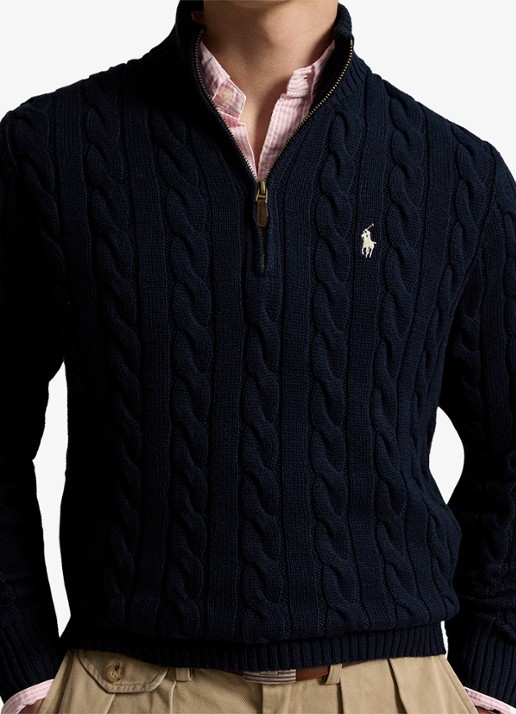 Ralph Lauren Kabelgebreide trui met halve rits - detail 2 hunter navy / donkerblauw