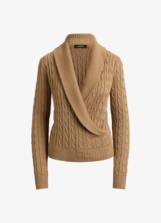 Ralph Lauren Kabelgebreide trui met kraag - voorkant 3 lauren camel / beige