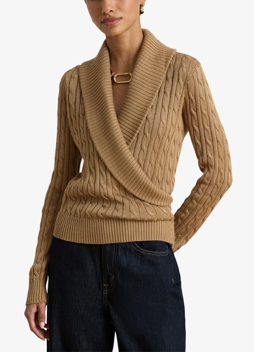 Ralph Lauren Kabelgebreide trui met kraag - voorkant 4 lauren camel / beige