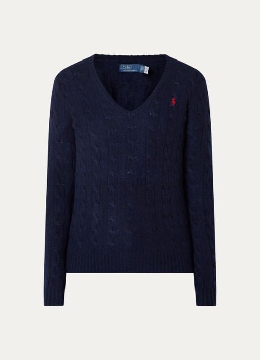 Ralph Lauren Kabelgebreide trui met logo borduring - voorkant 3 donkerblauw