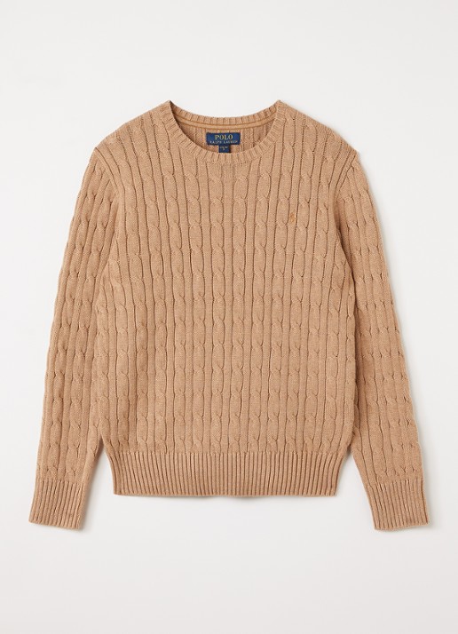 Ralph Lauren Kabelgebreide trui met logoborduring - voorkant 2 camel