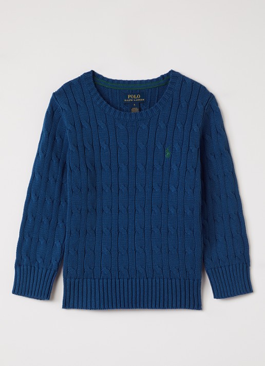 Ralph Lauren Kabelgebreide trui met logoborduring - voorkant 2 kobaltblauw