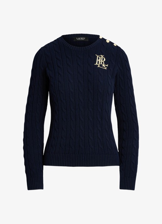 Ralph Lauren Kabelgebreide trui met logoborduring - voorkant 3 lauren navy / donkerblauw