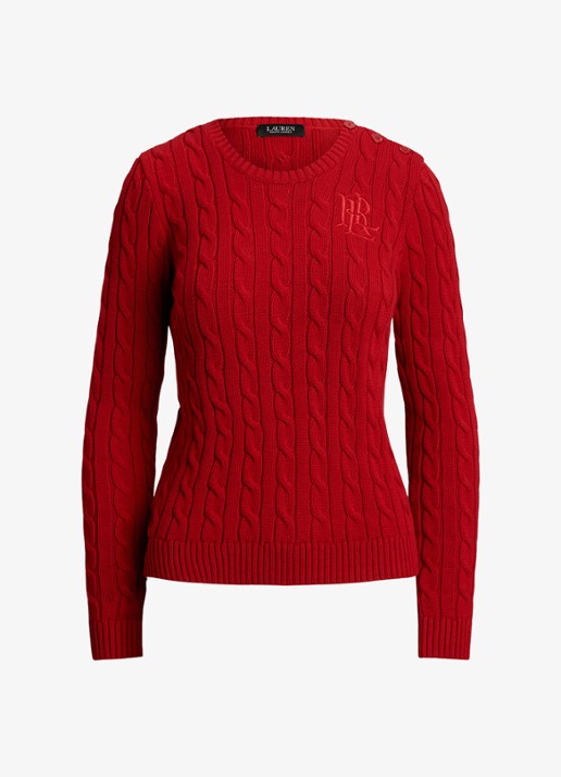 Ralph Lauren Kabelgebreide trui met logoborduring - voorkant 3 madison red / rood