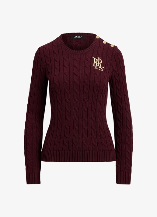 Ralph Lauren Kabelgebreide trui met logoborduring - voorkant dark garnet / bordeauxrood